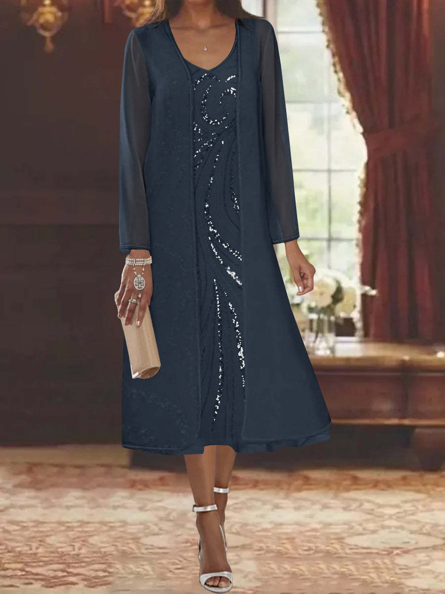 V-Neck Long-Sleeve Tea-Length Mother of the Bride Dress with Jacket and Sequins