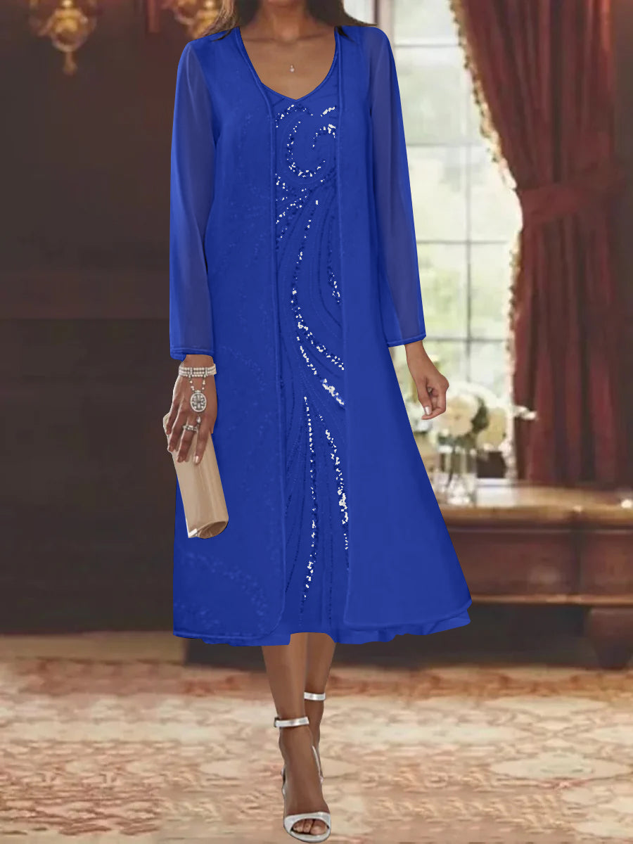 V-Neck Long-Sleeve Tea-Length Mother of the Bride Dress with Jacket and Sequins