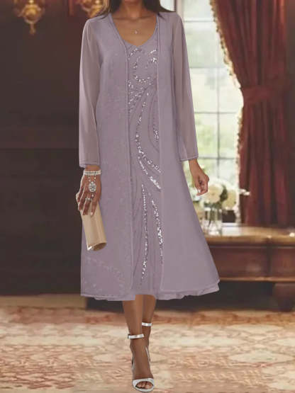 V-Neck Long-Sleeve Tea-Length Mother of the Bride Dress with Jacket and Sequins