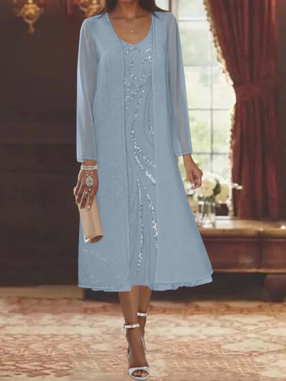 V-Neck Long-Sleeve Tea-Length Mother of the Bride Dress with Jacket and Sequins