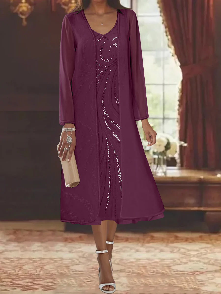 V-Neck Long-Sleeve Tea-Length Mother of the Bride Dress with Jacket and Sequins