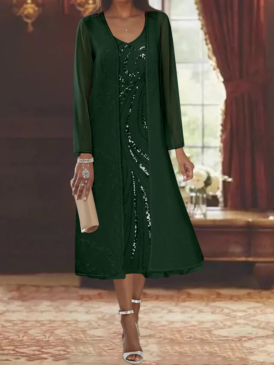 V-Neck Long-Sleeve Tea-Length Mother of the Bride Dress with Jacket and Sequins