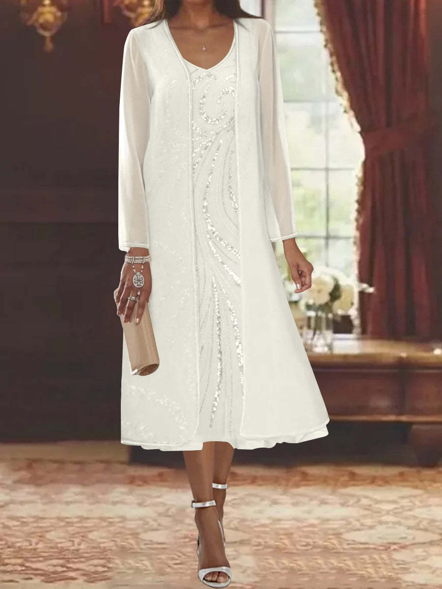 V-Neck Long-Sleeve Tea-Length Mother of the Bride Dress with Jacket and Sequins