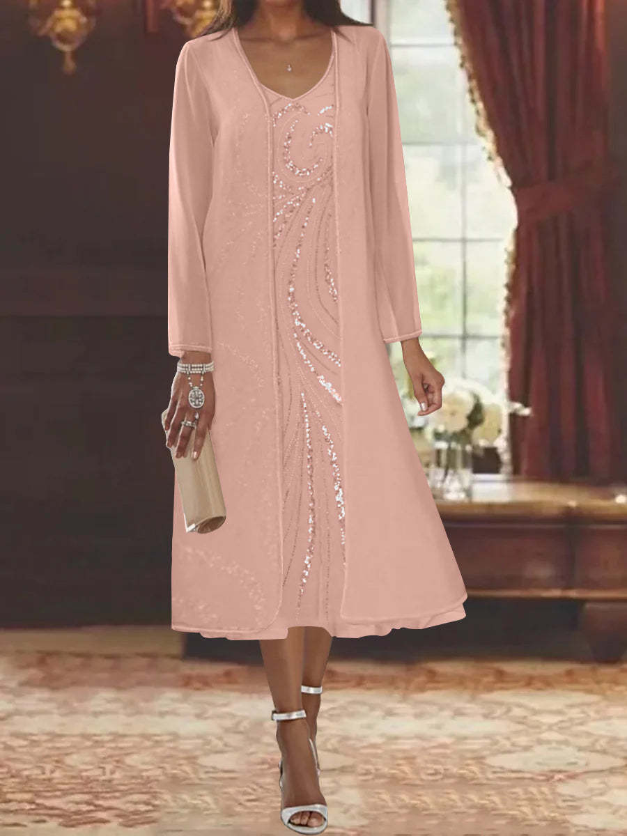 V-Neck Long-Sleeve Tea-Length Mother of the Bride Dress with Jacket and Sequins