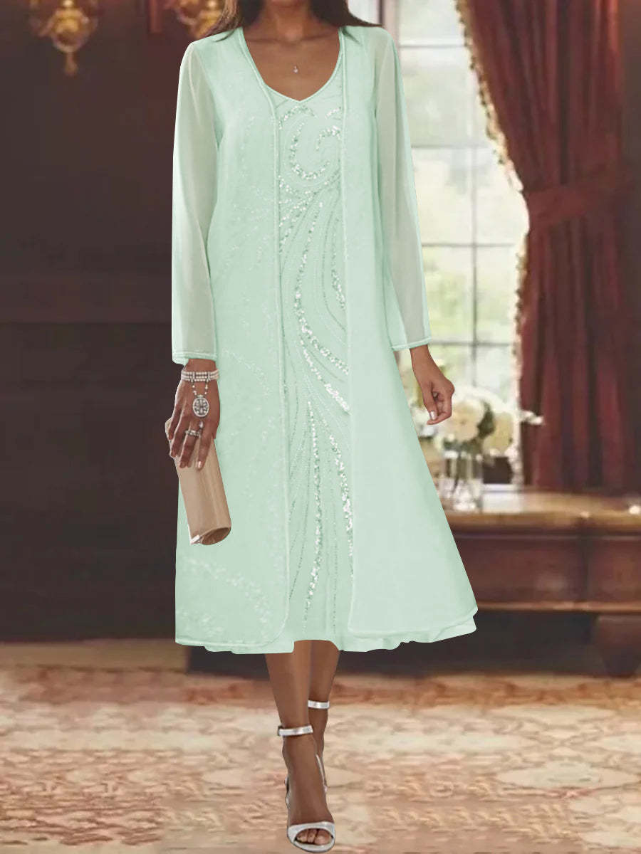 V-Neck Long-Sleeve Tea-Length Mother of the Bride Dress with Jacket and Sequins