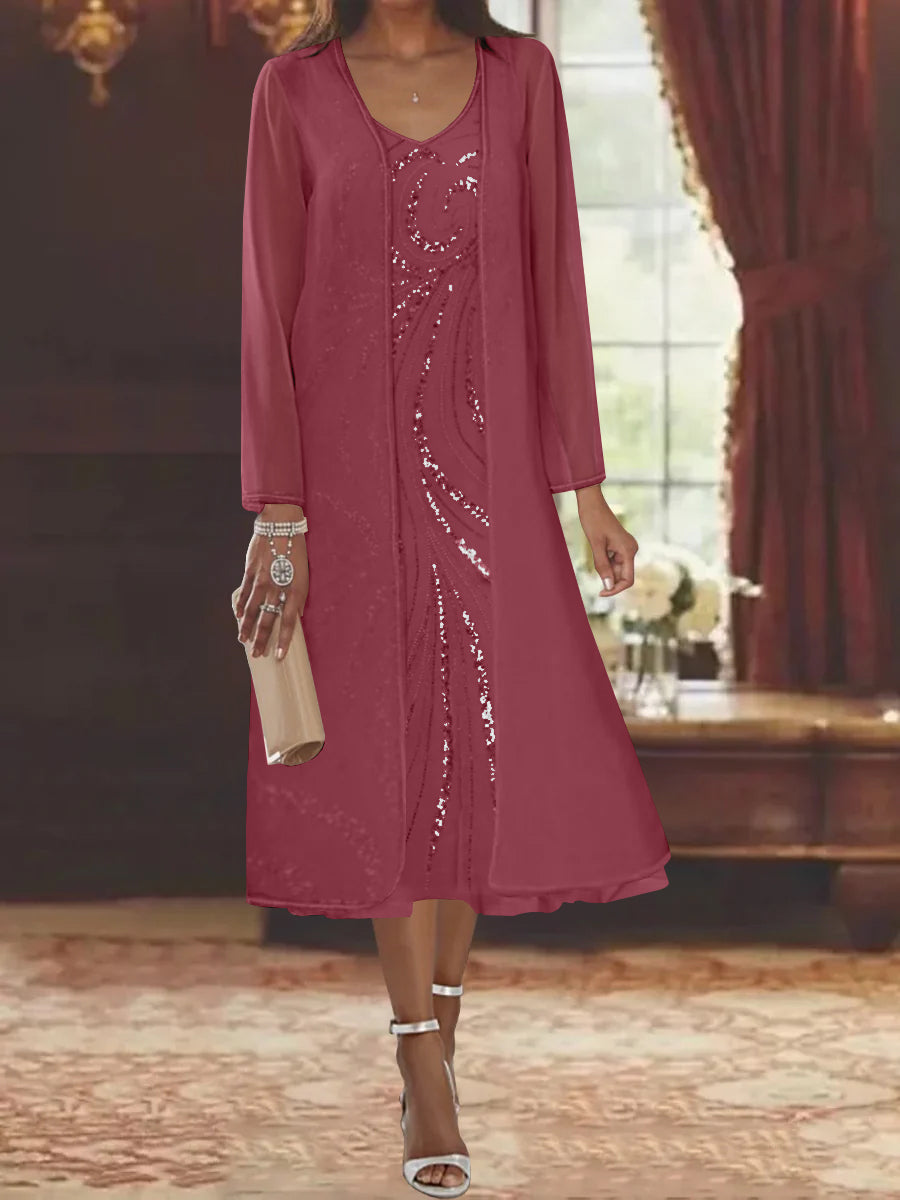 V-Neck Long-Sleeve Tea-Length Mother of the Bride Dress with Jacket and Sequins