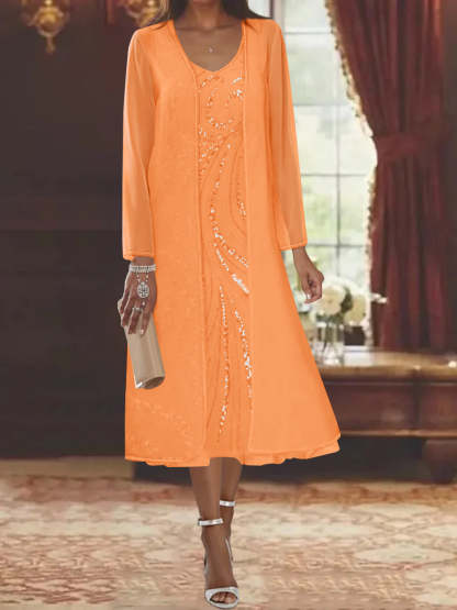 V-Neck Long-Sleeve Tea-Length Mother of the Bride Dress with Jacket and Sequins