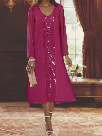 V-Neck Long-Sleeve Tea-Length Mother of the Bride Dress with Jacket and Sequins
