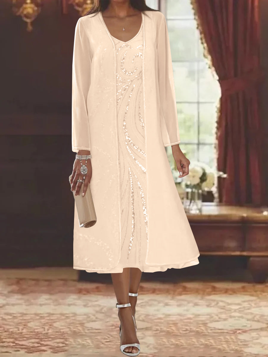V-Neck Long-Sleeve Tea-Length Mother of the Bride Dress with Jacket and Sequins