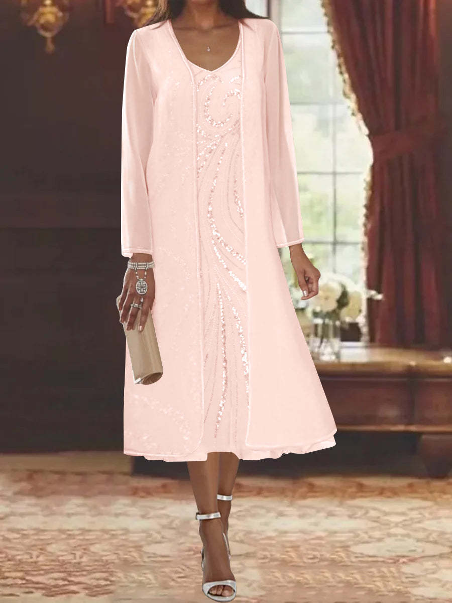 V-Neck Long-Sleeve Tea-Length Mother of the Bride Dress with Jacket and Sequins