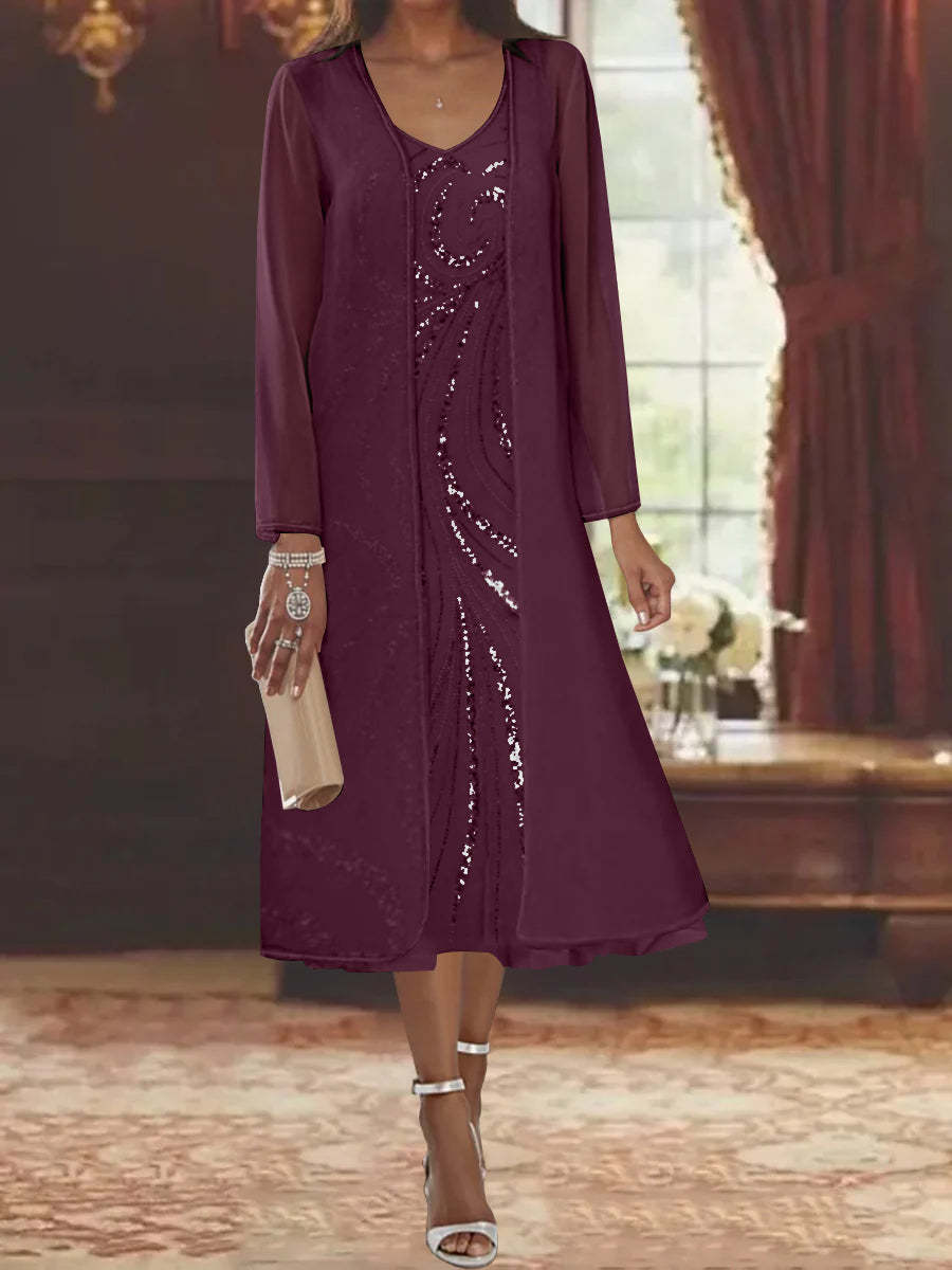 V-Neck Long-Sleeve Tea-Length Mother of the Bride Dress with Jacket and Sequins
