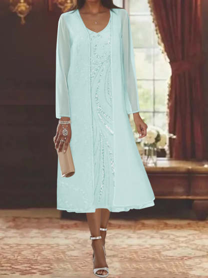 V-Neck Long-Sleeve Tea-Length Mother of the Bride Dress with Jacket and Sequins
