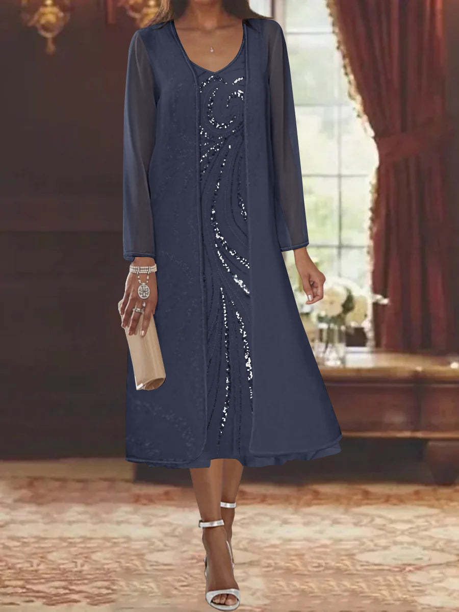 V-Neck Long-Sleeve Tea-Length Mother of the Bride Dress with Jacket and Sequins