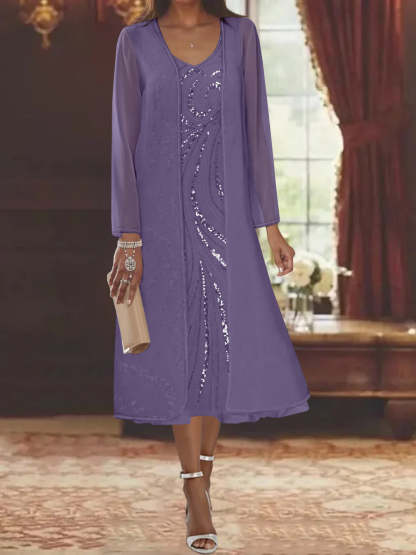 V-Neck Long-Sleeve Tea-Length Mother of the Bride Dress with Jacket and Sequins