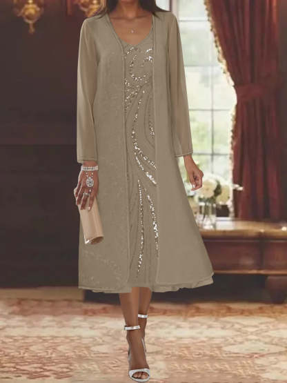 V-Neck Long-Sleeve Tea-Length Mother of the Bride Dress with Jacket and Sequins