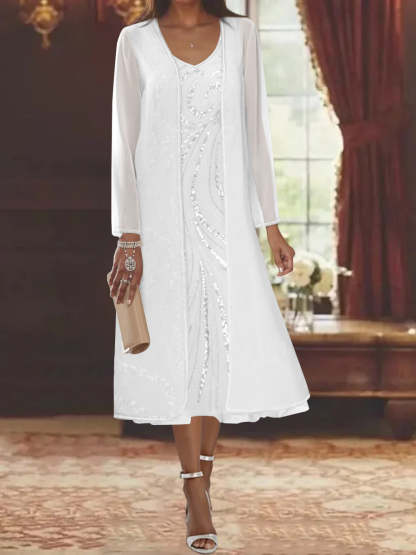 V-Neck Long-Sleeve Tea-Length Mother of the Bride Dress with Jacket and Sequins