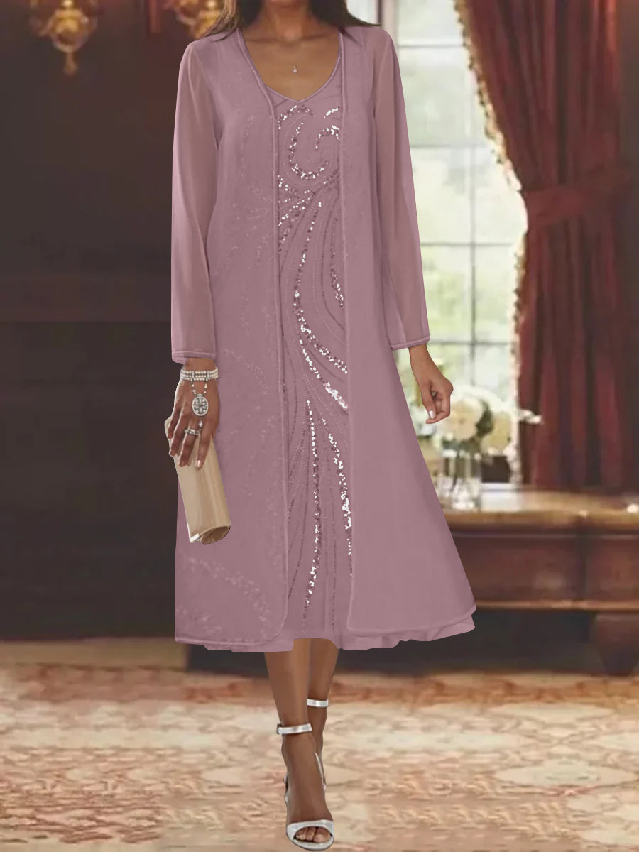 V-Neck Long-Sleeve Tea-Length Mother of the Bride Dress with Jacket and Sequins