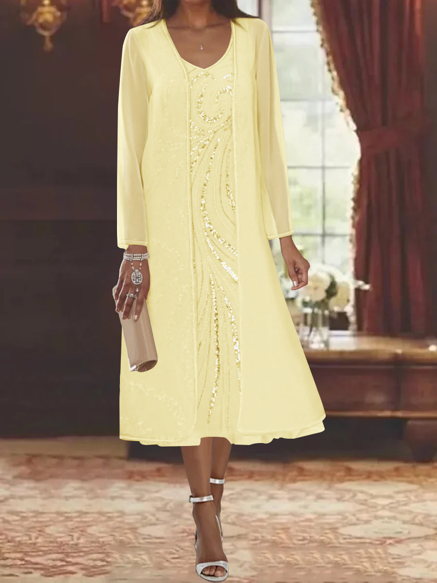 V-Neck Long-Sleeve Tea-Length Mother of the Bride Dress with Jacket and Sequins
