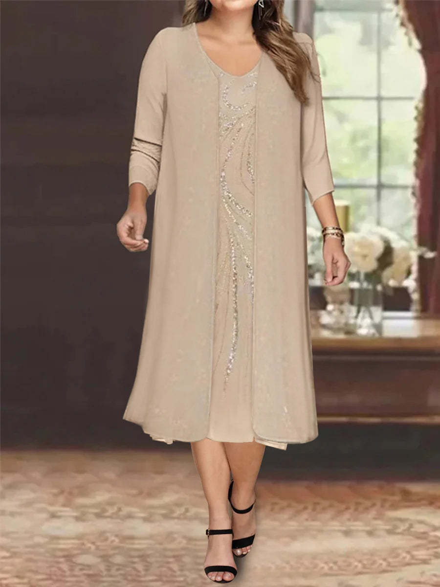V-Neck Long-Sleeve Tea-Length Plus Size Mother of the Bride Dress with Jacket and Sequins