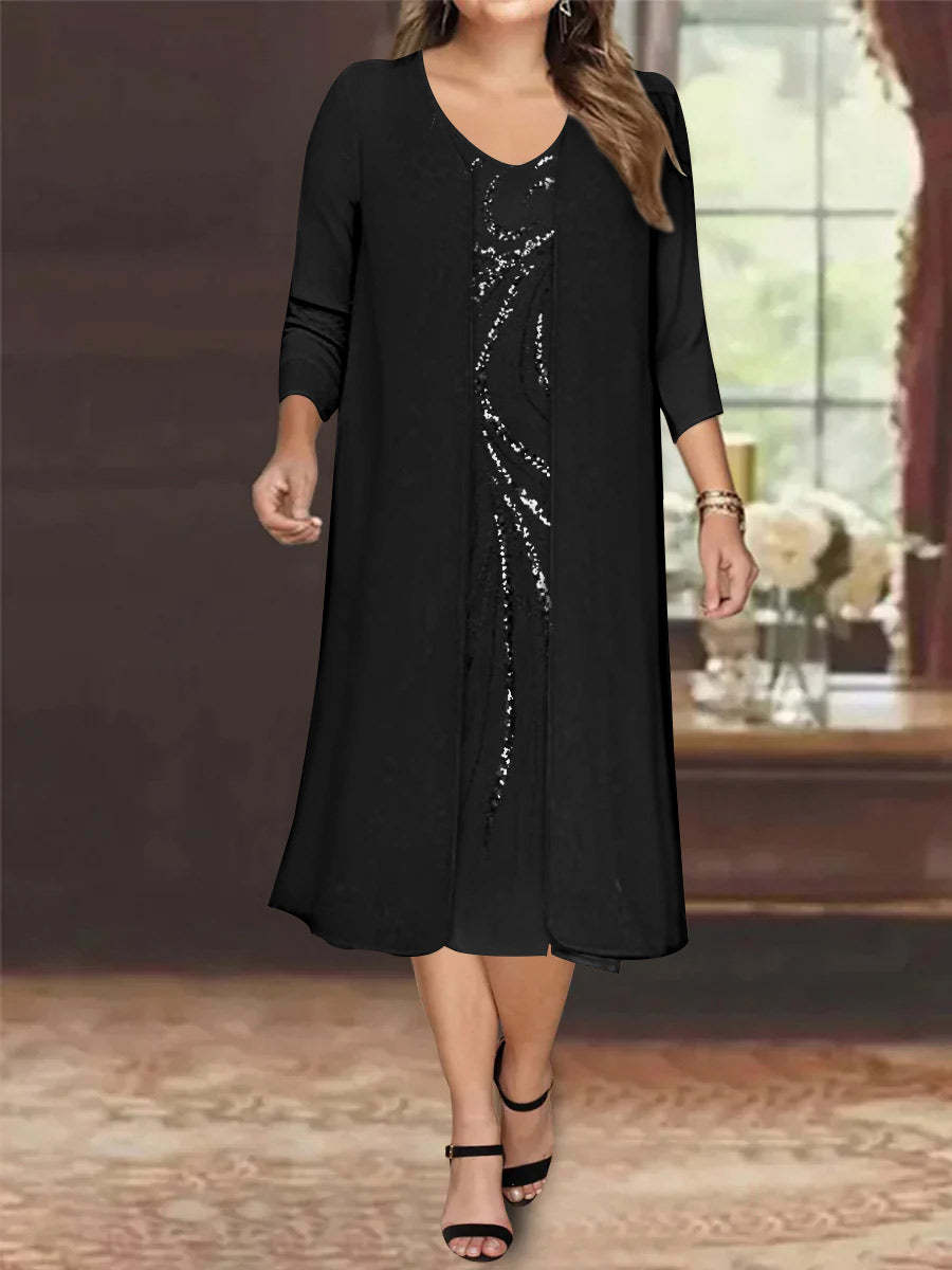 V-Neck Long-Sleeve Tea-Length Plus Size Mother of the Bride Dress with Jacket and Sequins