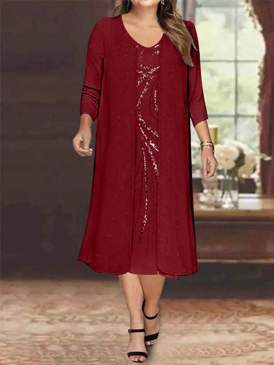V-Neck Long-Sleeve Tea-Length Plus Size Mother of the Bride Dress with Jacket and Sequins