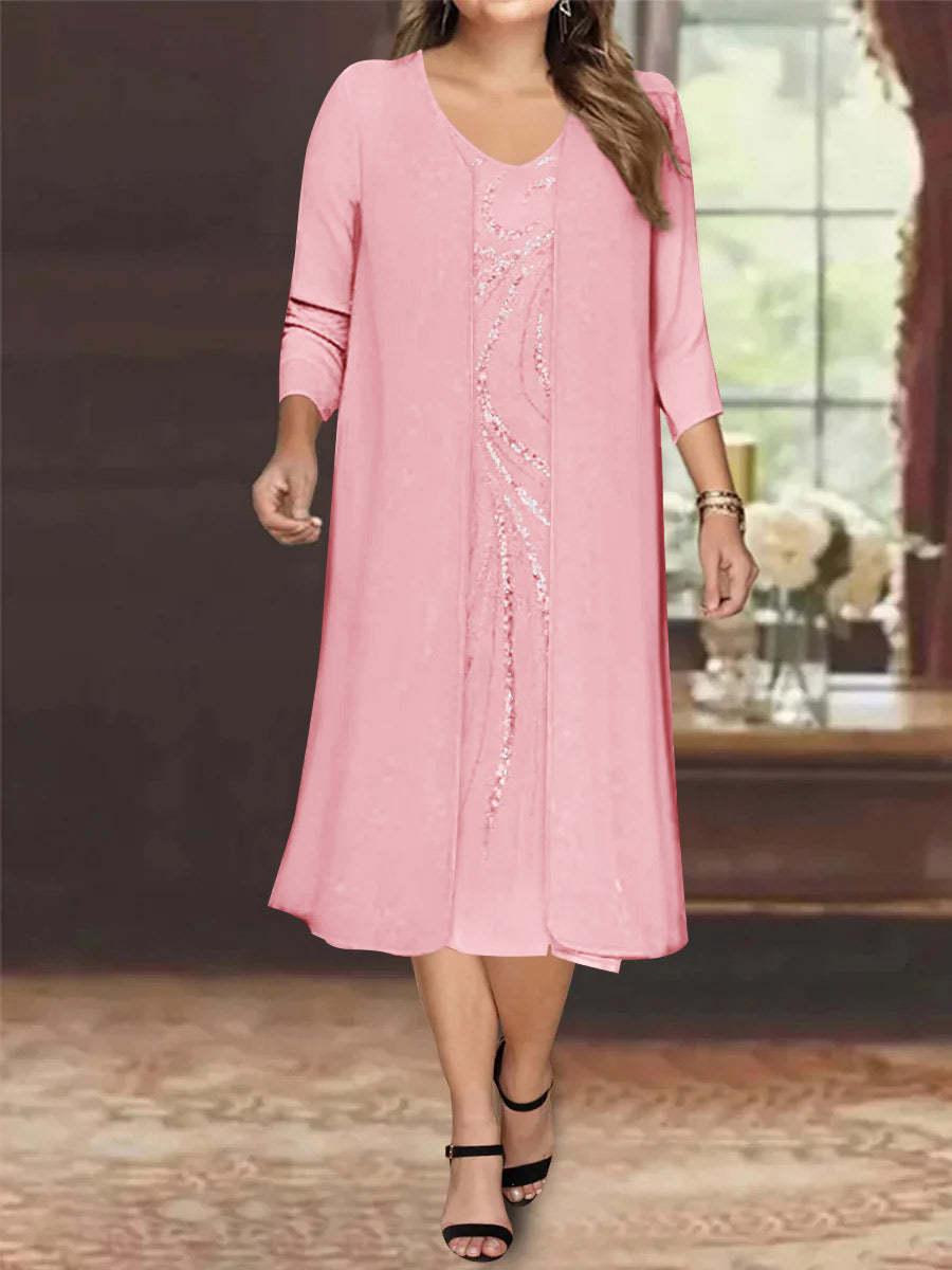 V-Neck Long-Sleeve Tea-Length Plus Size Mother of the Bride Dress with Jacket and Sequins