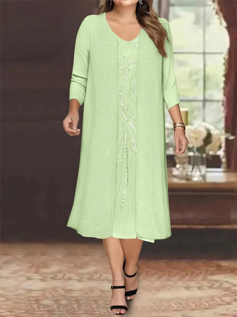 V-Neck Long-Sleeve Tea-Length Plus Size Mother of the Bride Dress with Jacket and Sequins