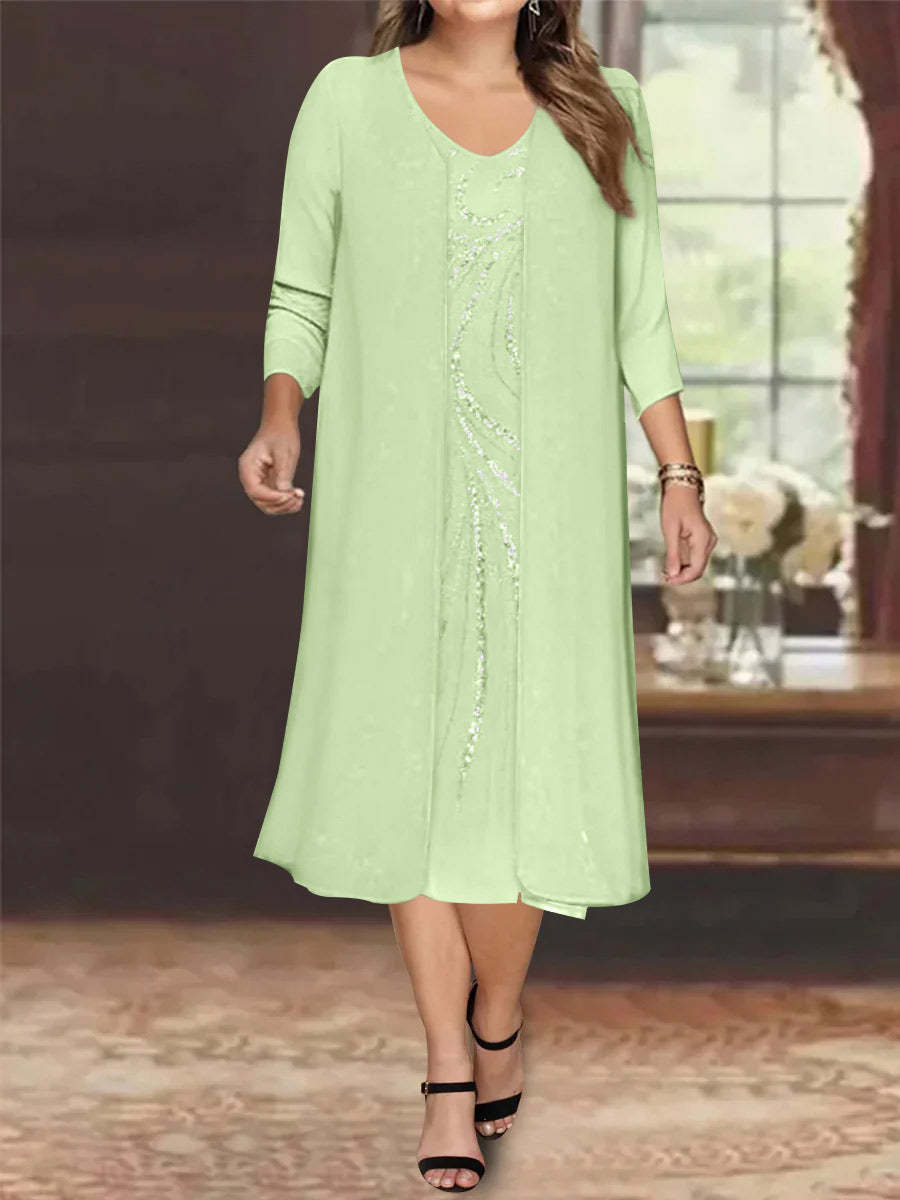 V-Neck Long-Sleeve Tea-Length Plus Size Mother of the Bride Dress with Jacket and Sequins