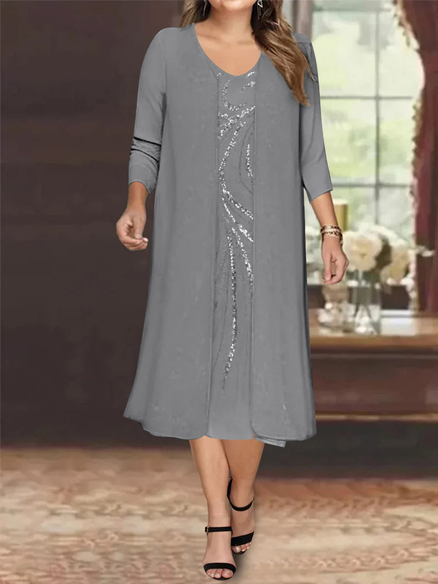 V-Neck Long-Sleeve Tea-Length Plus Size Mother of the Bride Dress with Jacket and Sequins