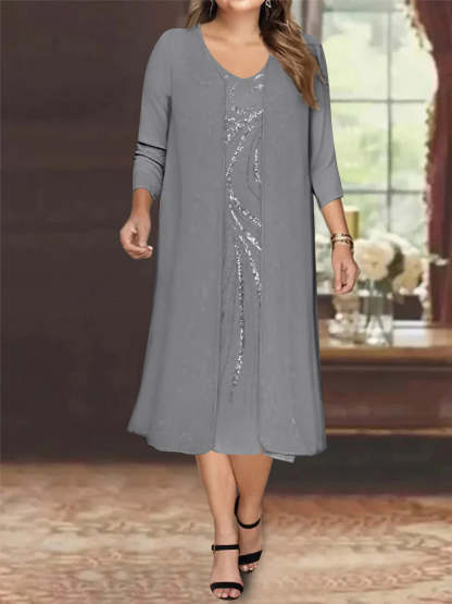 V-Neck Long-Sleeve Tea-Length Plus Size Mother of the Bride Dress with Jacket and Sequins