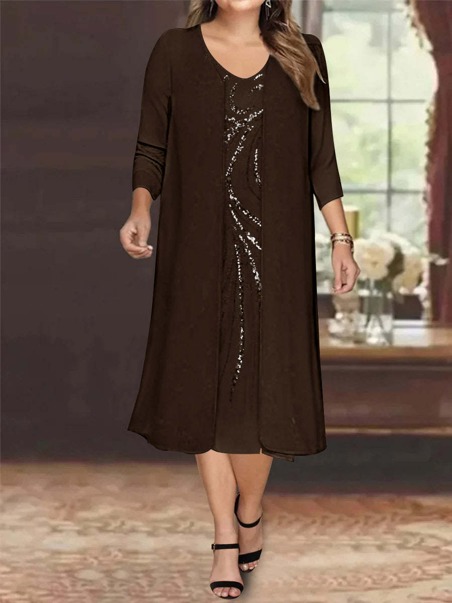 V-Neck Long-Sleeve Tea-Length Plus Size Mother of the Bride Dress with Jacket and Sequins