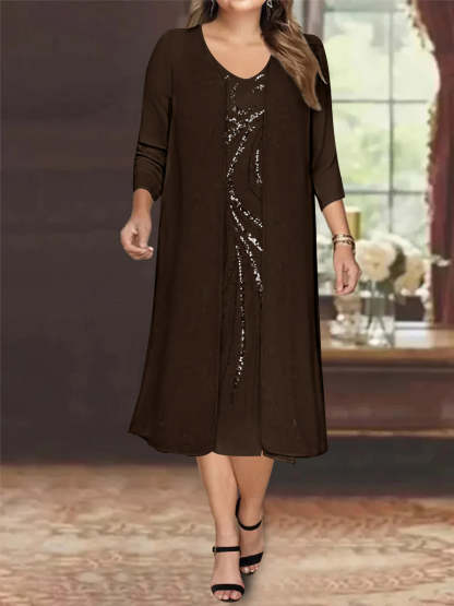 V-Neck Long-Sleeve Tea-Length Plus Size Mother of the Bride Dress with Jacket and Sequins