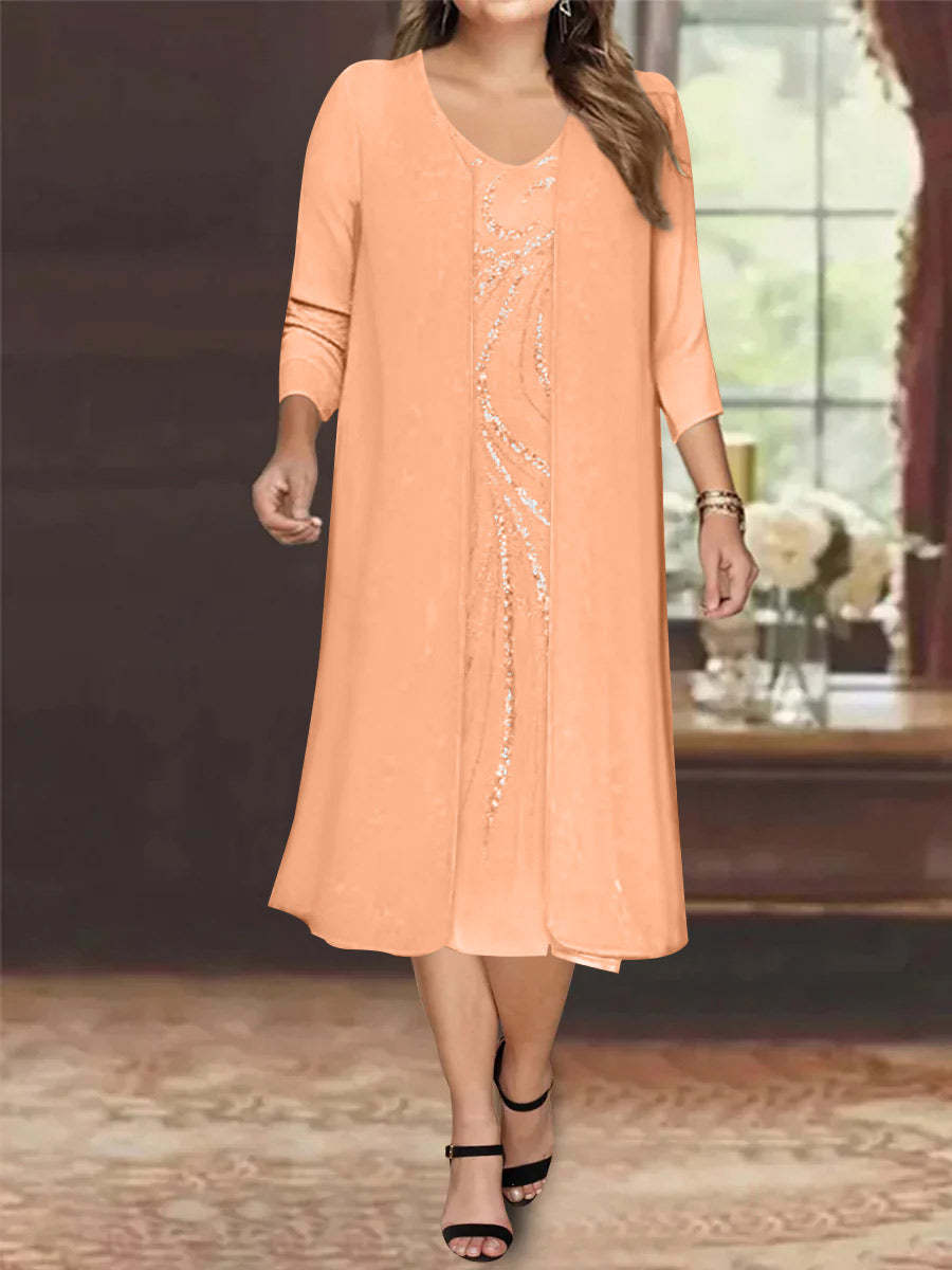 V-Neck Long-Sleeve Tea-Length Plus Size Mother of the Bride Dress with Jacket and Sequins