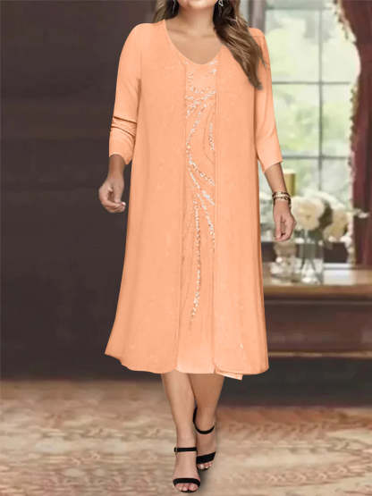 V-Neck Long-Sleeve Tea-Length Plus Size Mother of the Bride Dress with Jacket and Sequins