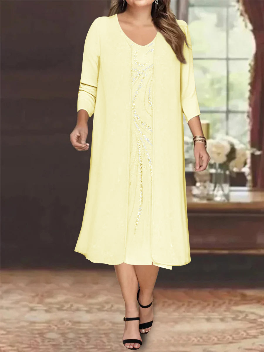 V-Neck Long-Sleeve Tea-Length Plus Size Mother of the Bride Dress with Jacket and Sequins