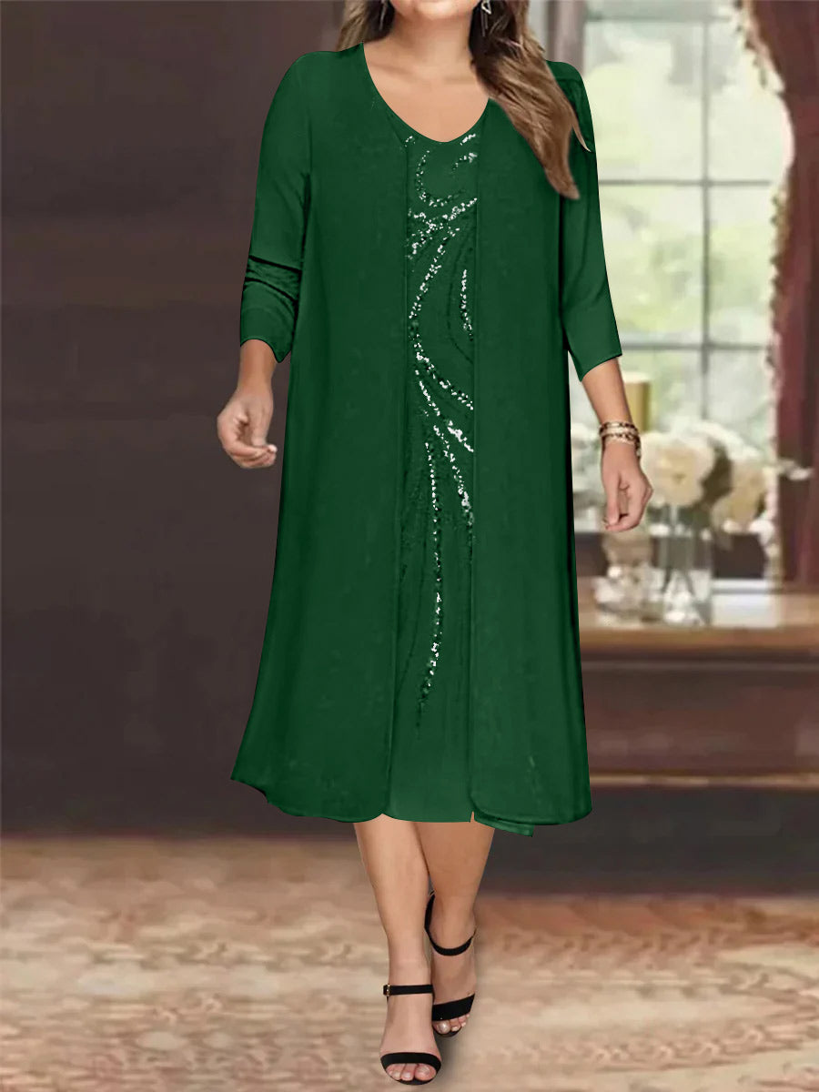 V-Neck Long-Sleeve Tea-Length Plus Size Mother of the Bride Dress with Jacket and Sequins