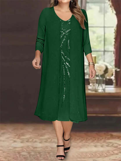 V-Neck Long-Sleeve Tea-Length Plus Size Mother of the Bride Dress with Jacket and Sequins