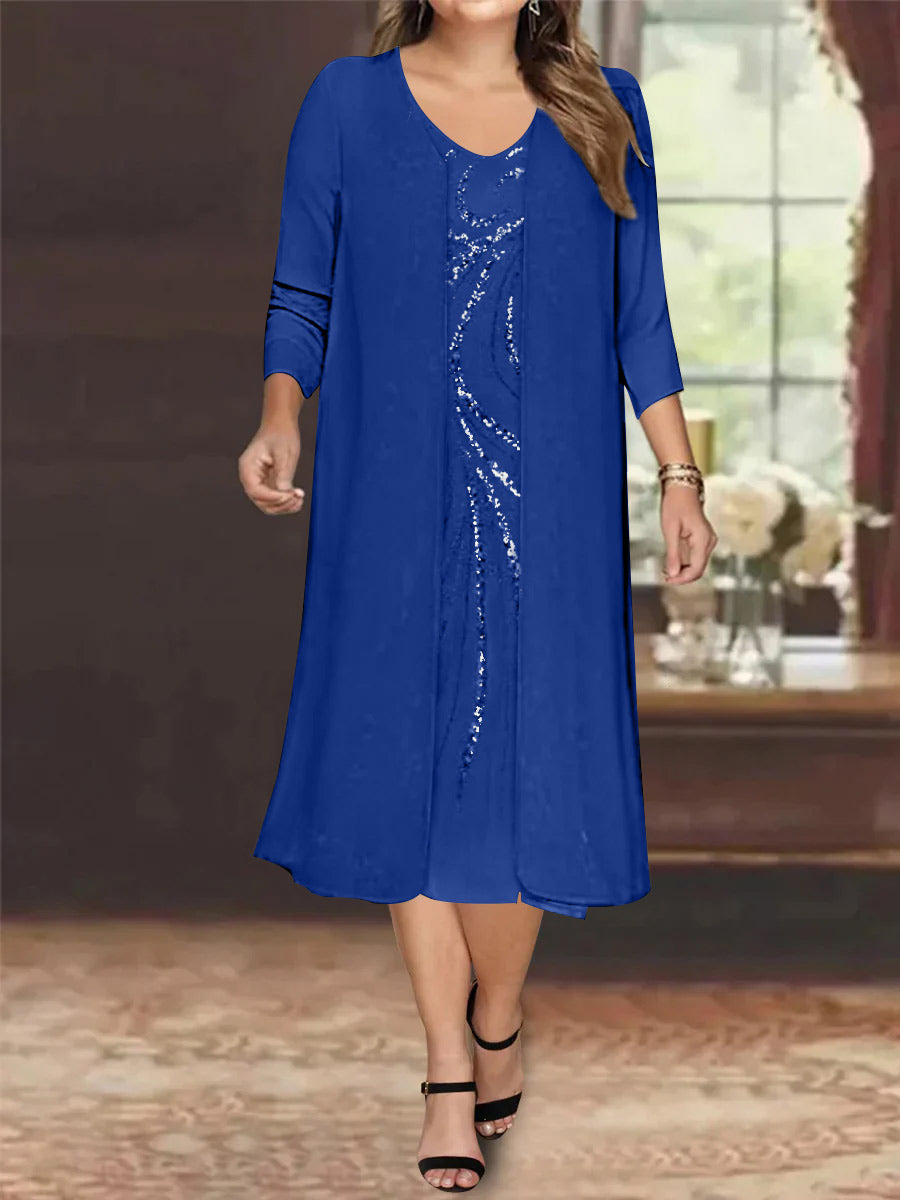 V-Neck Long-Sleeve Tea-Length Plus Size Mother of the Bride Dress with Jacket and Sequins
