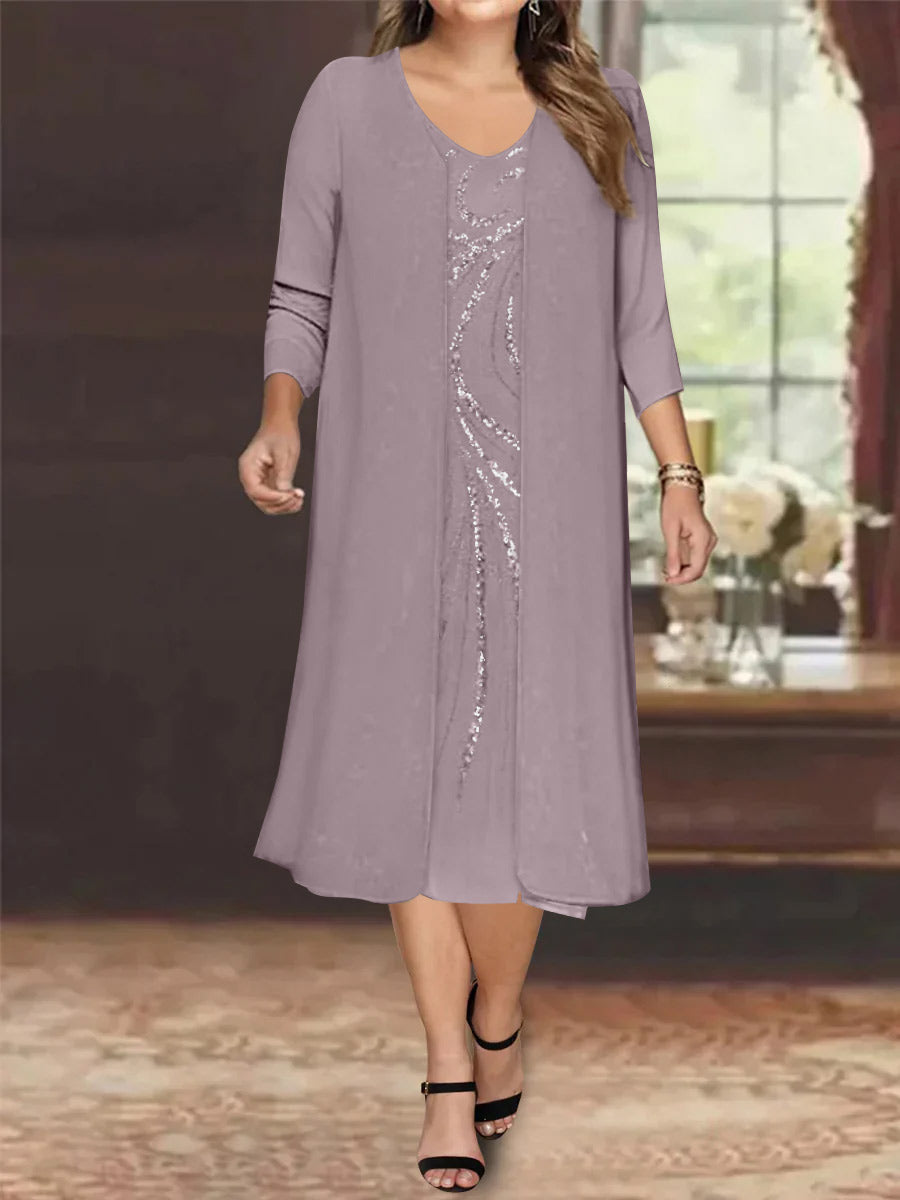 V-Neck Long-Sleeve Tea-Length Plus Size Mother of the Bride Dress with Jacket and Sequins