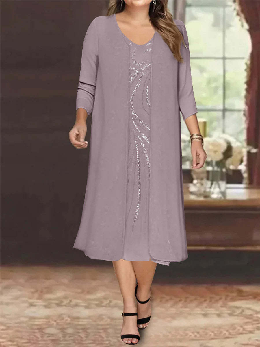 V-Neck Long-Sleeve Tea-Length Plus Size Mother of the Bride Dress with Jacket and Sequins