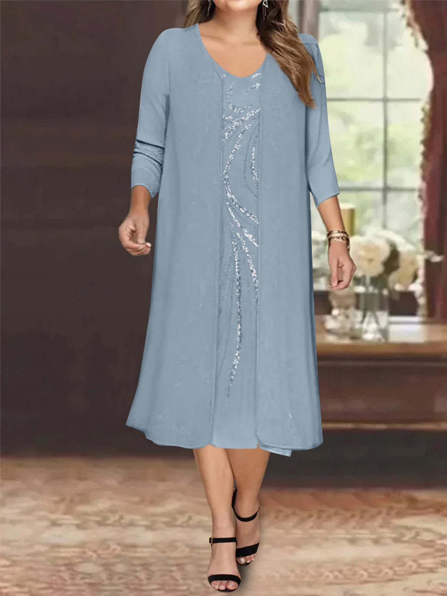 V-Neck Long-Sleeve Tea-Length Plus Size Mother of the Bride Dress with Jacket and Sequins