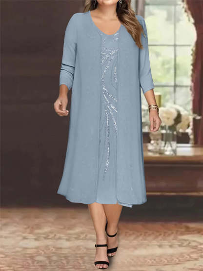 V-Neck Long-Sleeve Tea-Length Plus Size Mother of the Bride Dress with Jacket and Sequins