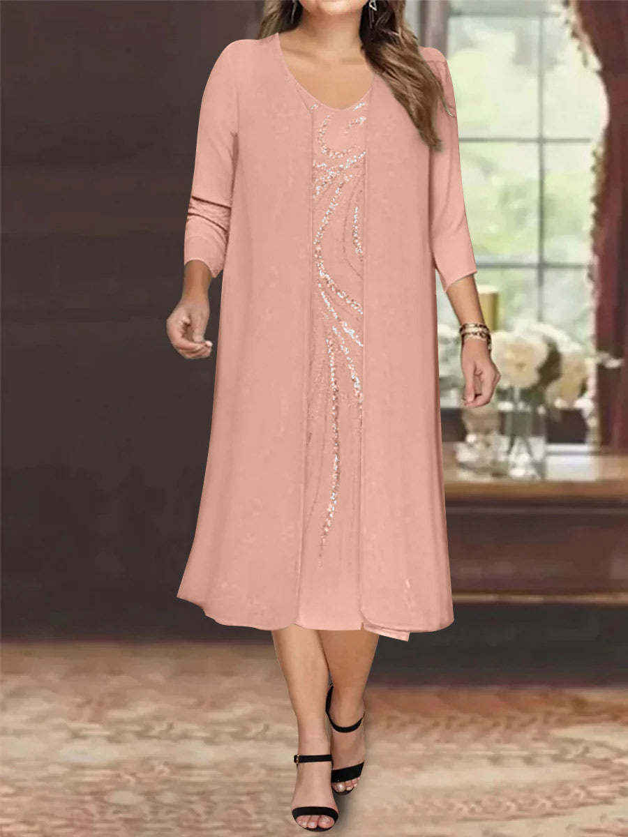 V-Neck Long-Sleeve Tea-Length Plus Size Mother of the Bride Dress with Jacket and Sequins