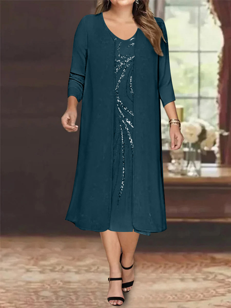 V-Neck Long-Sleeve Tea-Length Plus Size Mother of the Bride Dress with Jacket and Sequins