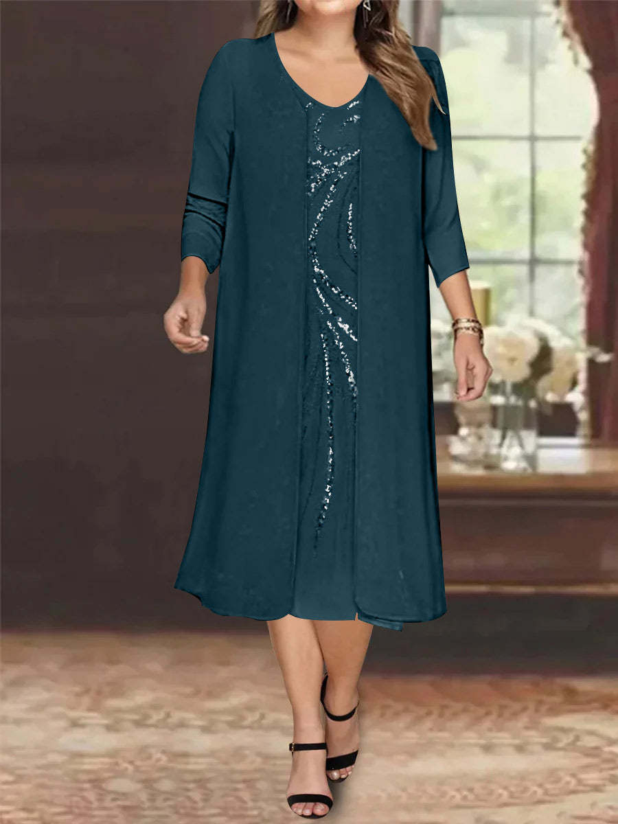 V-Neck Long-Sleeve Tea-Length Plus Size Mother of the Bride Dress with Jacket and Sequins