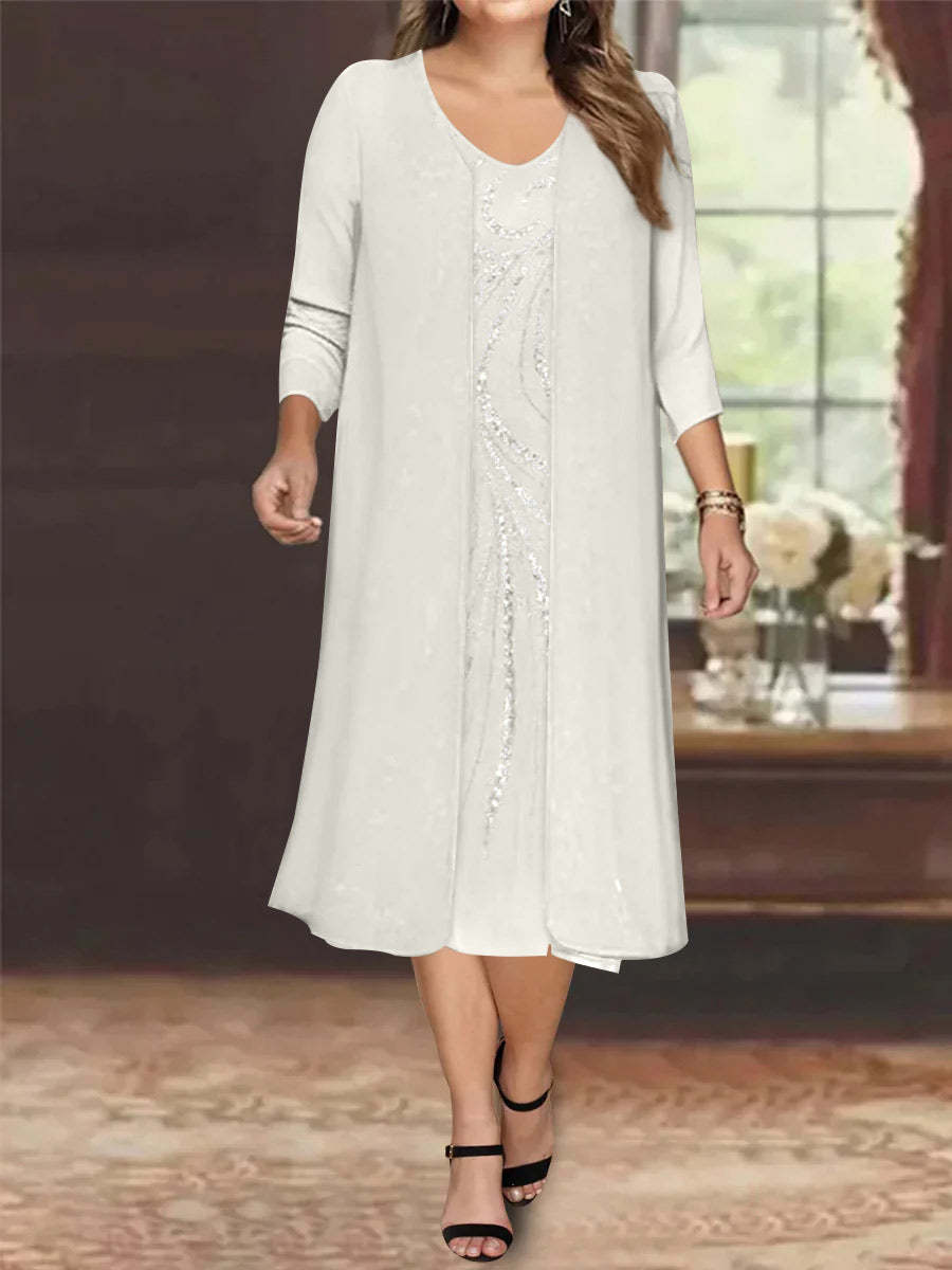 V-Neck Long-Sleeve Tea-Length Plus Size Mother of the Bride Dress with Jacket and Sequins
