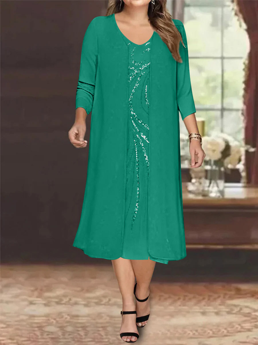 V-Neck Long-Sleeve Tea-Length Plus Size Mother of the Bride Dress with Jacket and Sequins