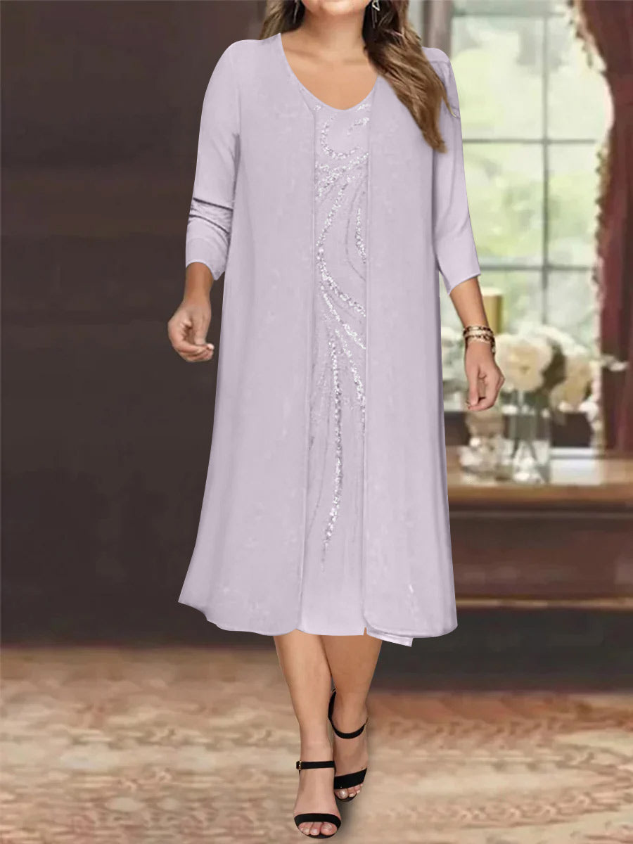 V-Neck Long-Sleeve Tea-Length Plus Size Mother of the Bride Dress with Jacket and Sequins