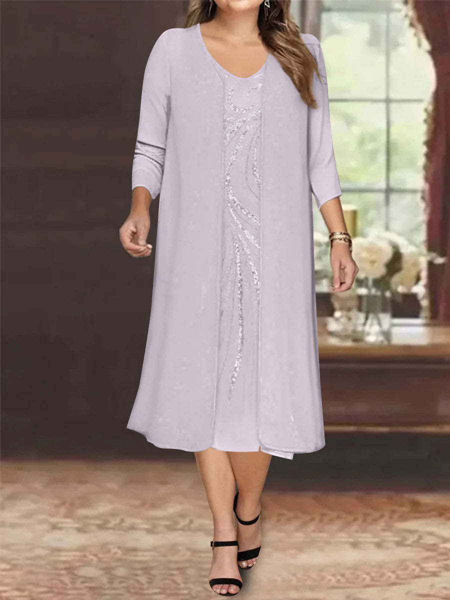 V-Neck Long-Sleeve Tea-Length Plus Size Mother of the Bride Dress with Jacket and Sequins