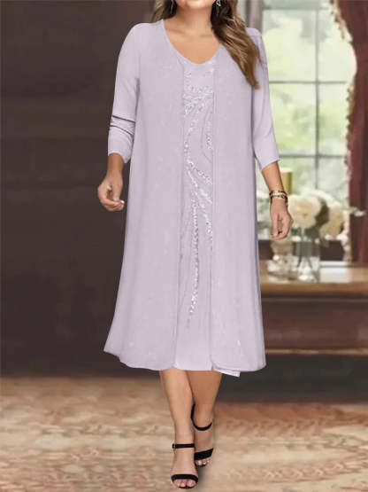 V-Neck Long-Sleeve Tea-Length Plus Size Mother of the Bride Dress with Jacket and Sequins